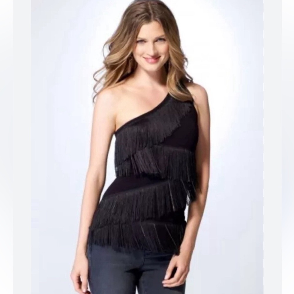 Cache One Shoulder Front Fringe Black Blouse Tank Top Medium Mob Wife